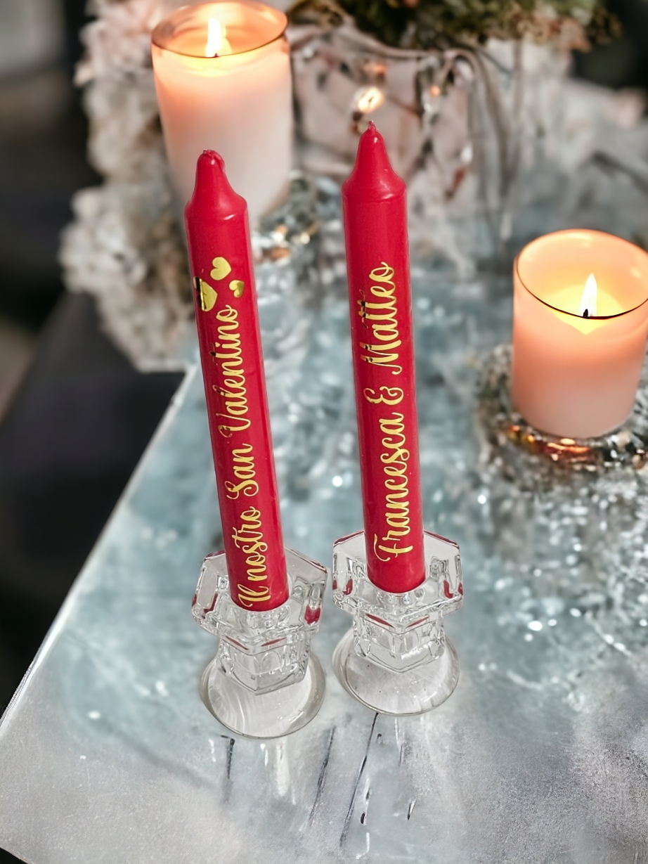 Set Rosso di due candele rosse con due basi in vetro motivo San Valentino –  Yennyslau Store