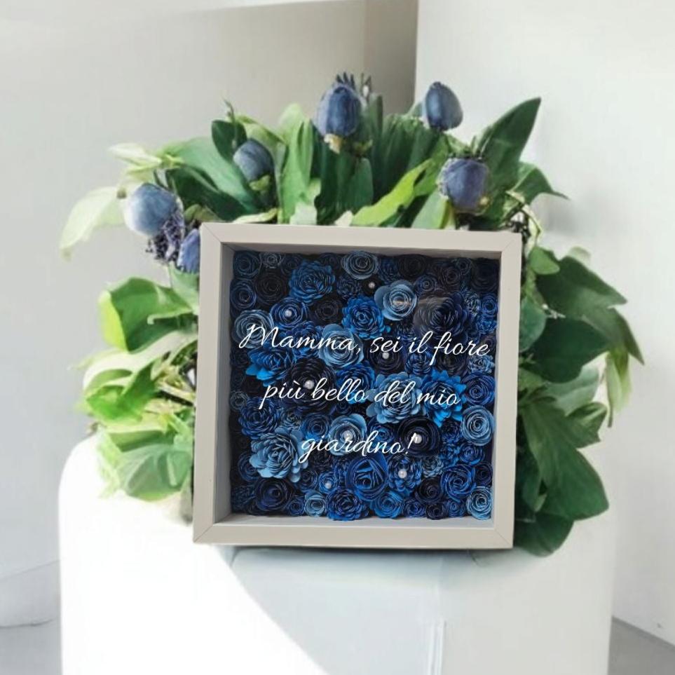 shadowbox cornice bianco con fiori 3d giardino blu personalizzata con frase, regalo per amica, donna, suocera, sorella, per lei, per mamma. yennyslau store