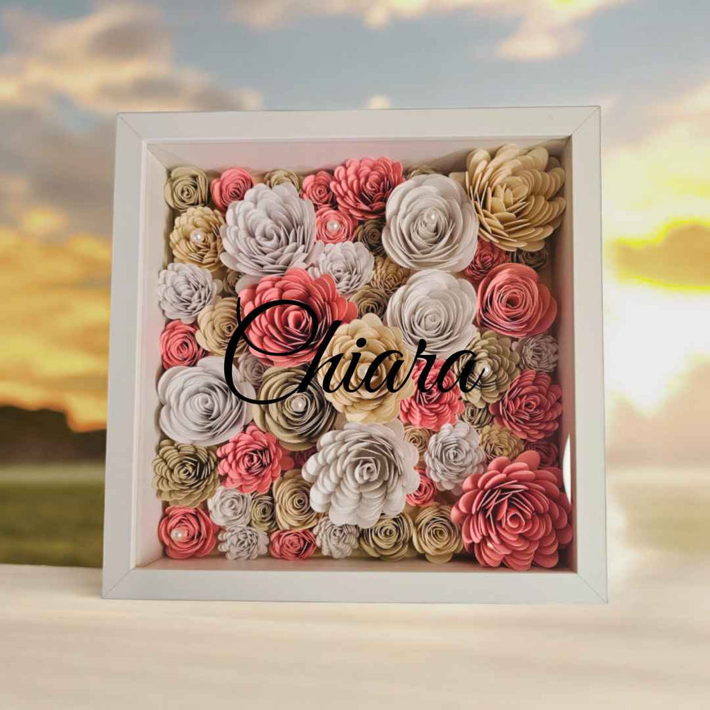 shadowbox bianca floreale, cornice profonda, personalizzata con nome per regalo, yennyslau store