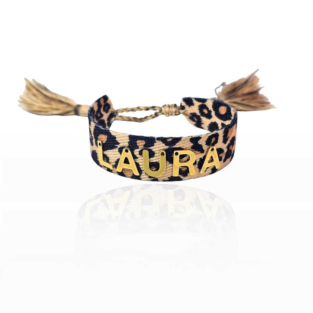 bracciale infilo colore leopardo personalizzato con nome colore oro