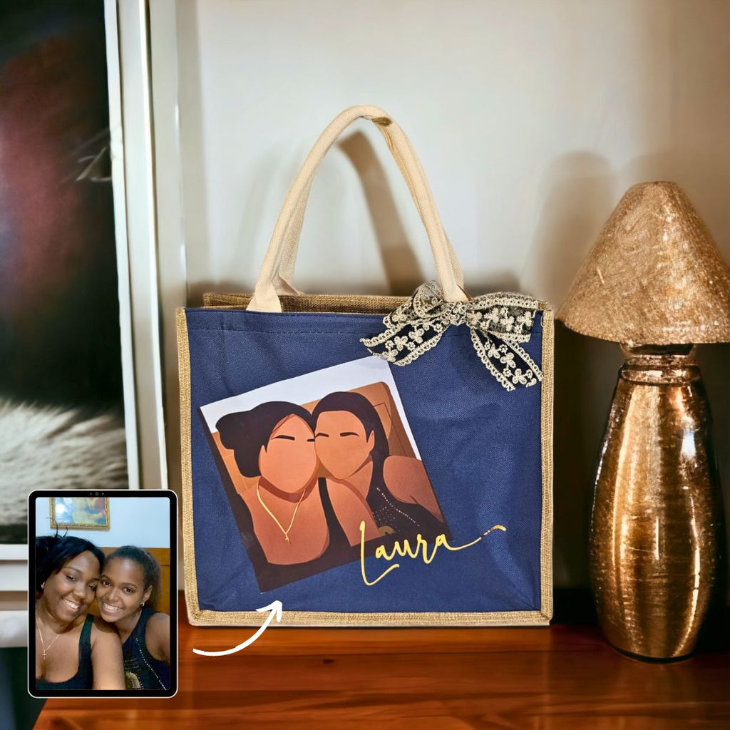 Borsa in iuta e cotone colore blu personalizzata con l'illustrazione di una foto 