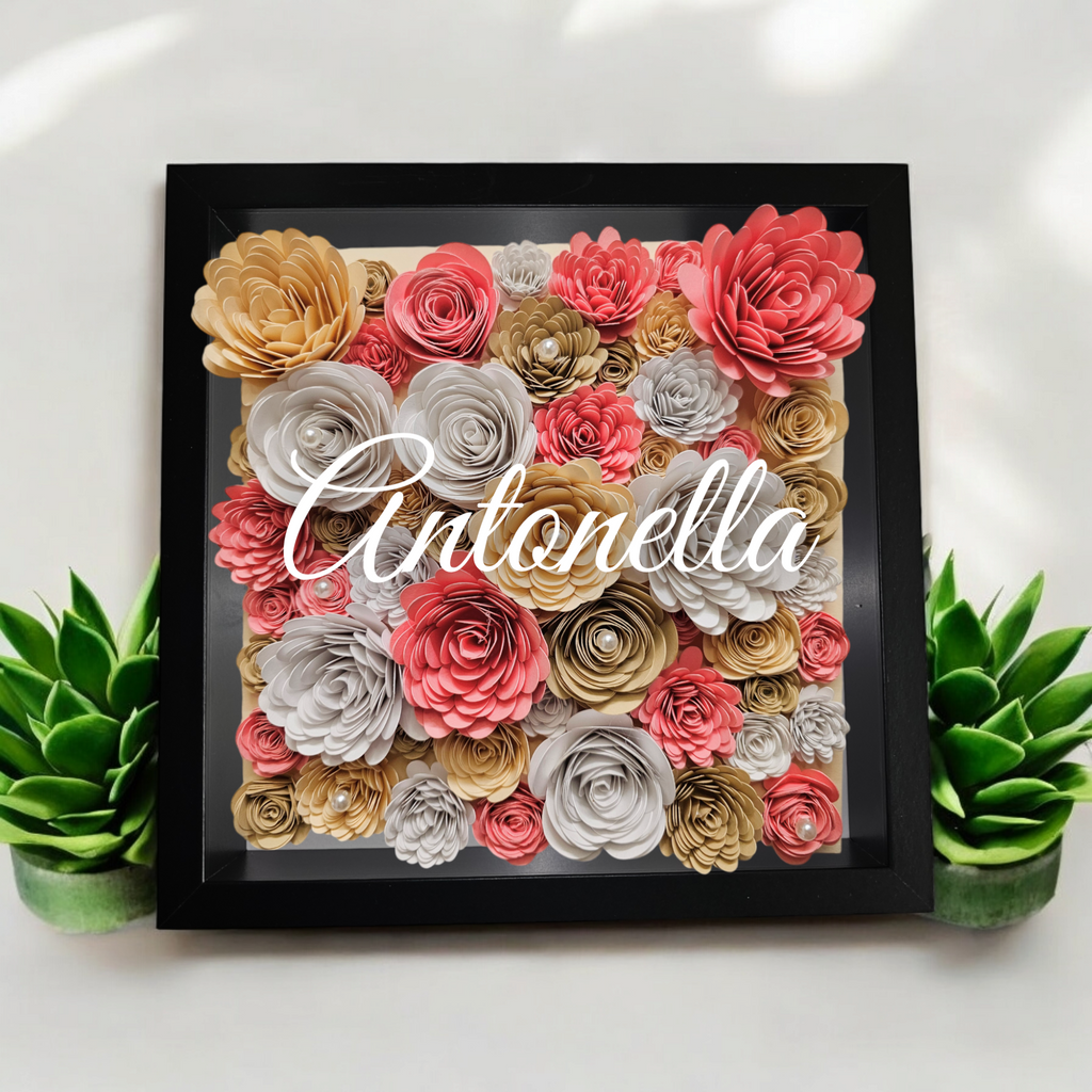 shadowbox nera floreale, cornice profonda, personalizzata con nome per regalo, yennyslau store