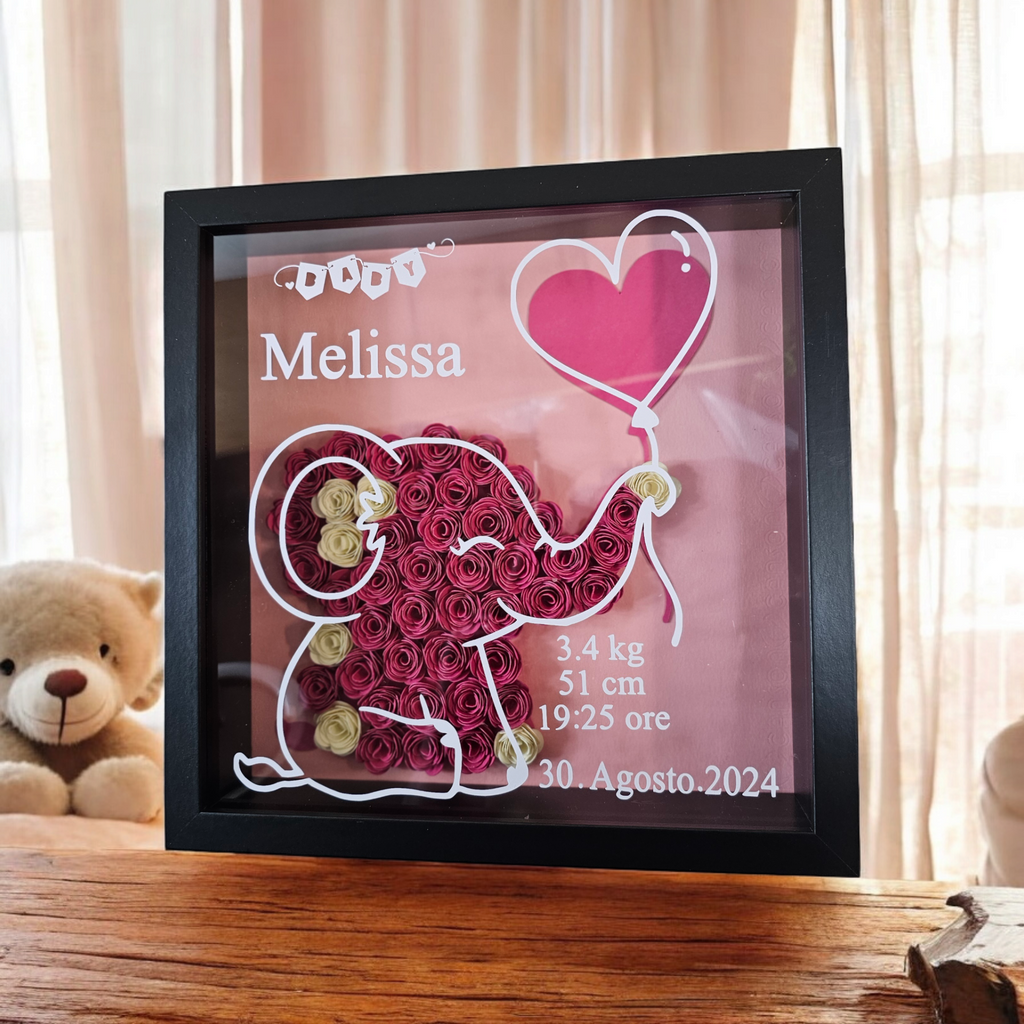 shadowbox nera con elefante colore rosa personalizzata con nome, cornice 3d profonda. yennyslau store