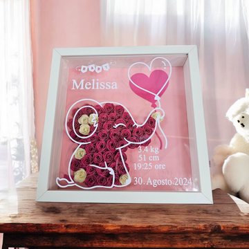 shadowbox bianco con elefante colore rosa personalizzata con nome, cornice 3d profonda. yennyslau store