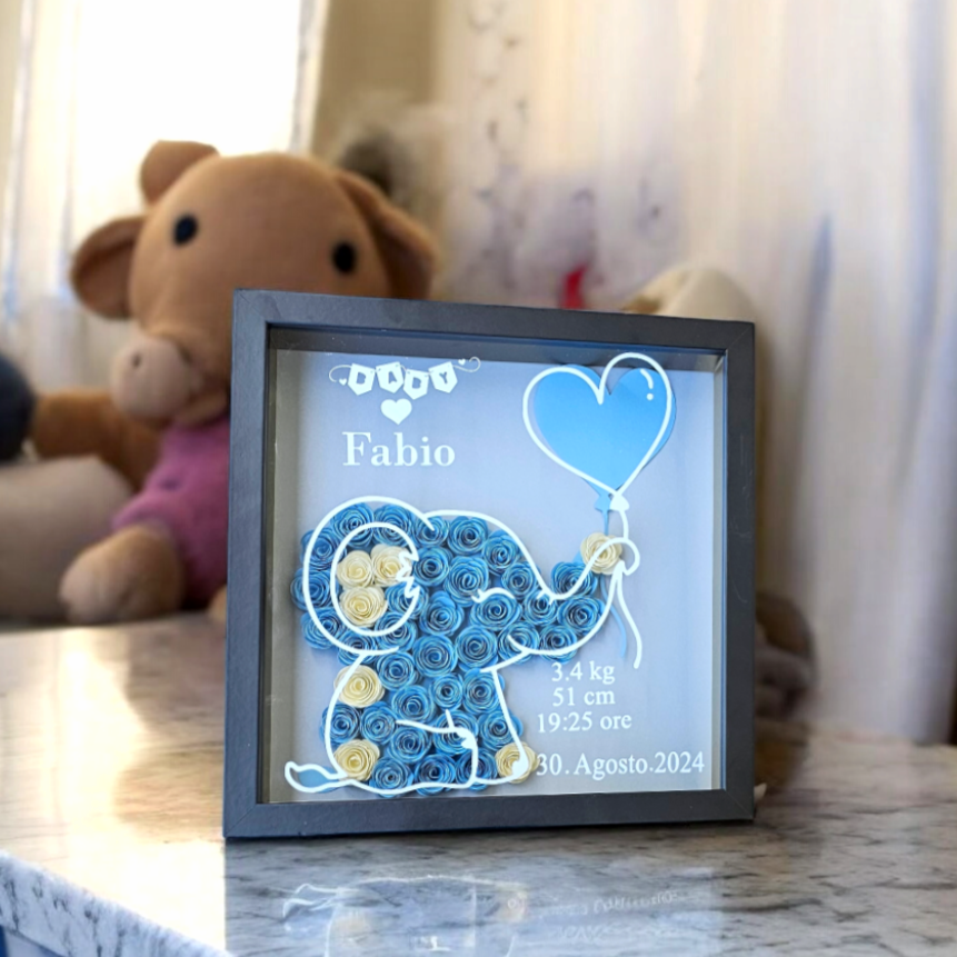 shadowbox nera con elefante colore celeste personalizzata con nome, cornice 3d profonda. yennyslau store