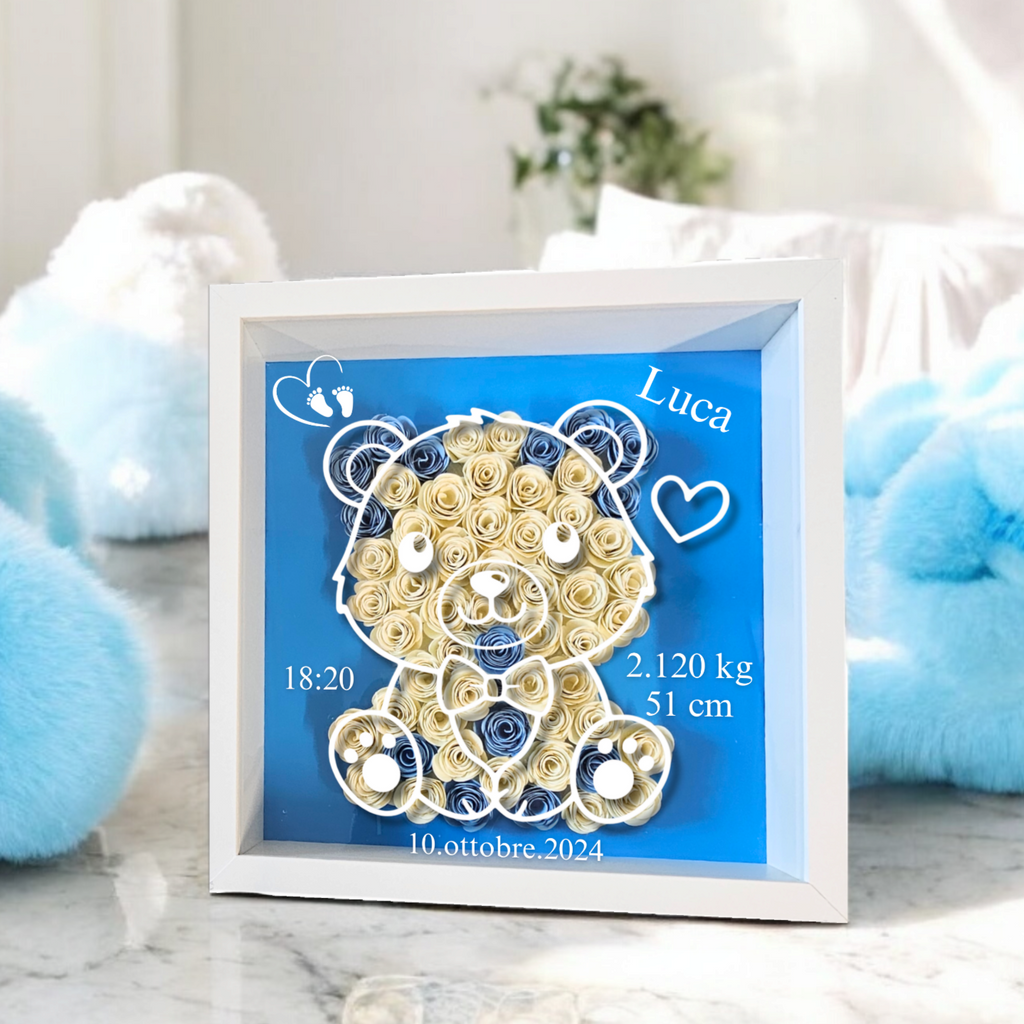 shadowbox bianco orsetto beige personalizzata con fiori 3d, idea regalo per neogenitori, yennyslau store