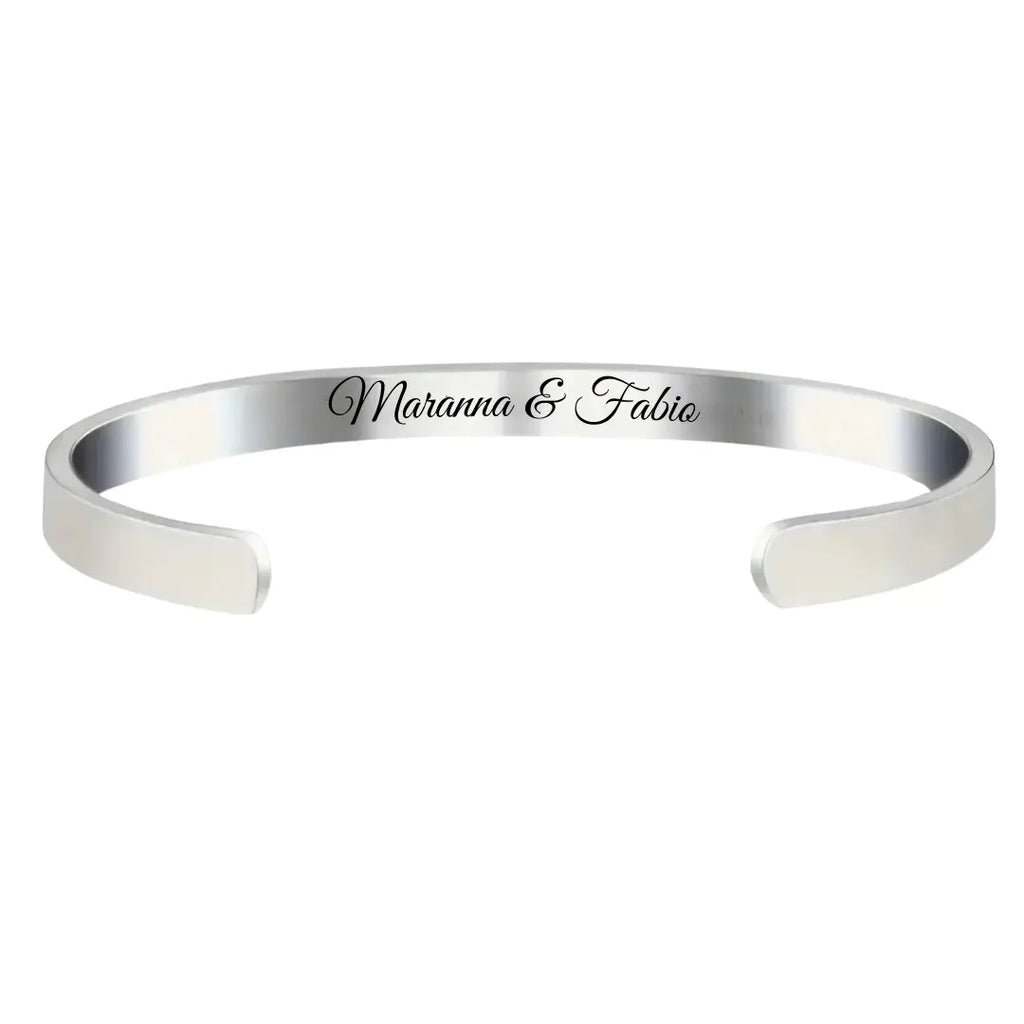 bracciale in acciaio inox liscio color argento inciso a laser, personalizzato per realo per ogni occasione. Incisione entrambi i lati