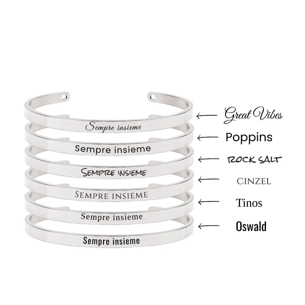 Bracciale in acciaio inox  colore argento, inciso a laser con nome, data o frase. Regalo donna personalizzato per ogni occasione, compleanno, anniversario, San Valentino, Natale. Font per la personalizzazione.