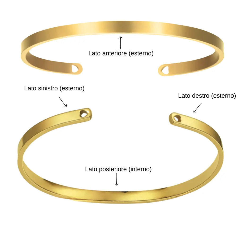 Bracciale in acciaio inox 6 mm colore oro, inciso a laser con nome, data o frase. Regalo donna personalizzato per ogni occasione, compleanno, anniversario, San Valentino, Natale. Lati bracciali.