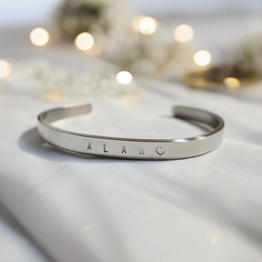 bracciale in acciaio inox colore argento, 6mm, inciso a mano, idea regalo originale per ogni occasione