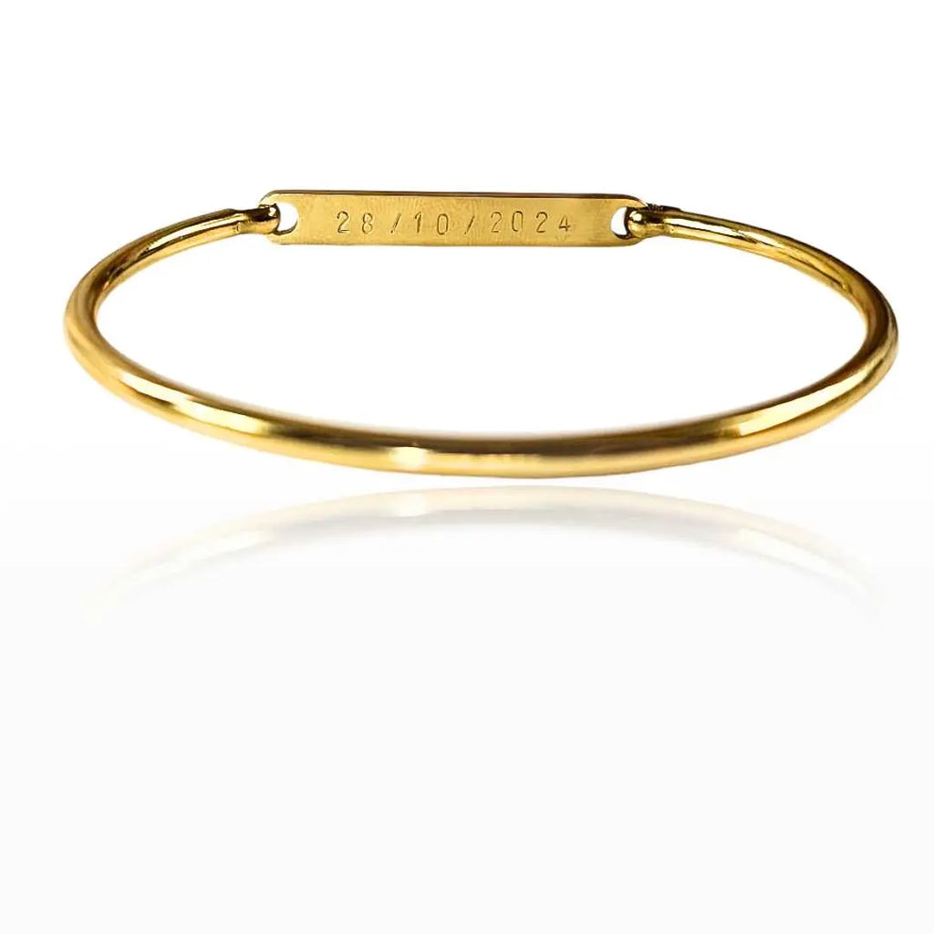 Bracciale rigido con placca in acciaio inox colore oro, inciso a mano su entrambi i lati, personalizzato con nome, frase o data, idea regalo per donna