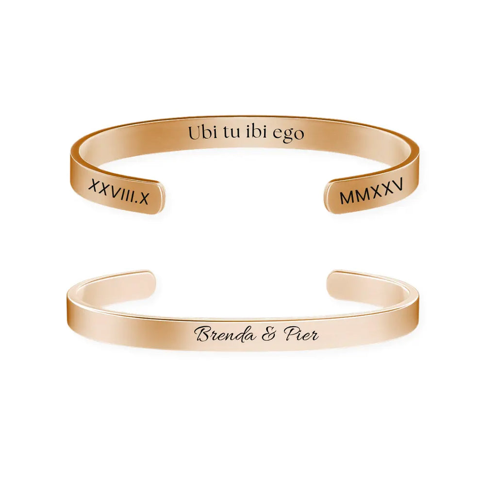 bracciale in acciaio inox color oro rosa personalizzato con nome, frase, data su entrambi i lati. Regalo personalizzato donna e uomo per ogni occasione.