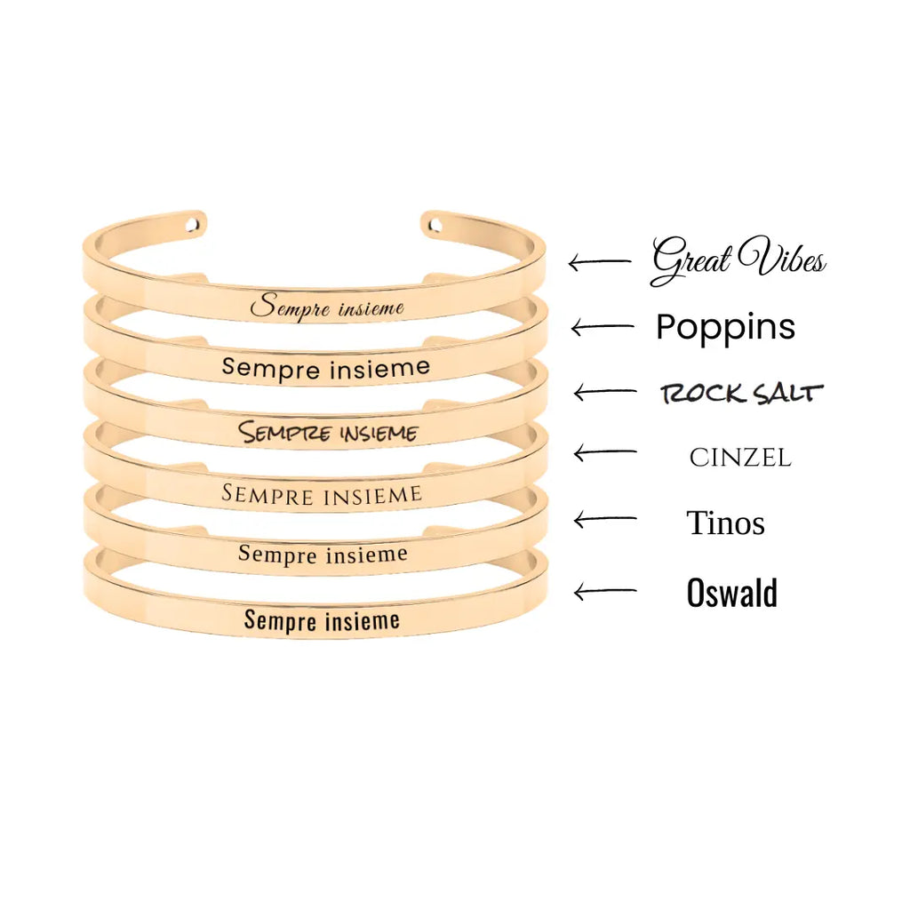 Bracciale in acciaio inox 6 mm colore oro, inciso a laser con nome, data o frase. Regalo donna personalizzato per ogni occasione, compleanno, anniversario, San Valentino, Natale. Font per la personalizzazione.