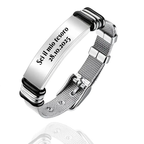 Bracciale Cinturino Uomo Acciaio Inox Argento - Incisone Testo gioiello personalizzato - Yennyslau Store