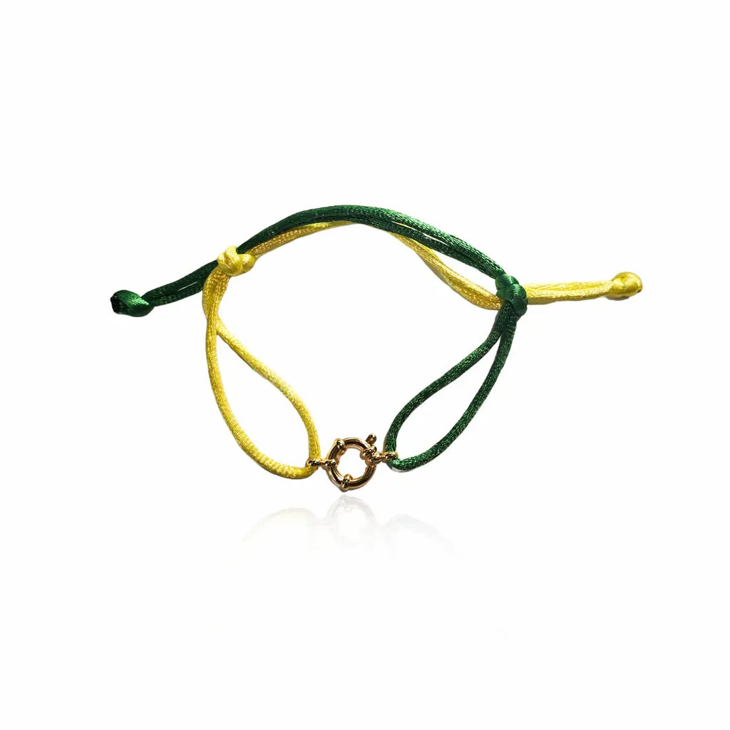 bracciale in filo colore verde e giallo con ciondolo fermaglio marinaio in acciaio inox colore oro. Regalo donna uomo pero ogni occasione.