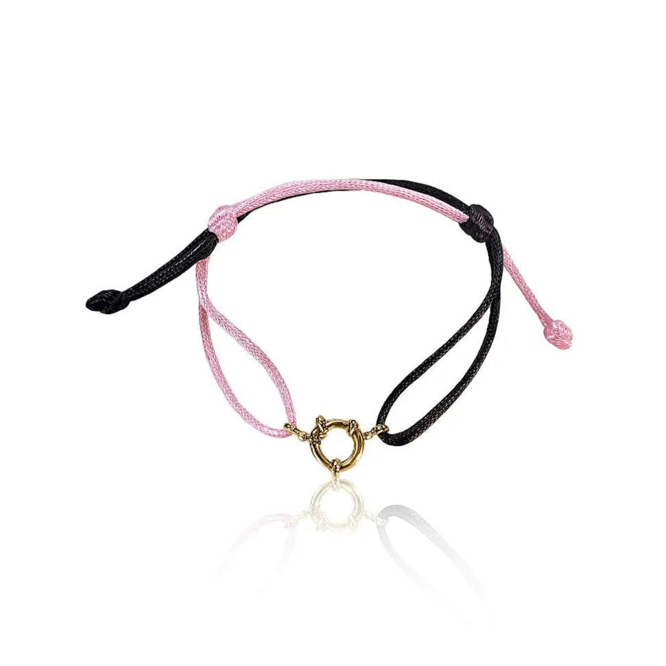 bracciale in filo colore rosa e marrone con ciondolo fermaglio marinaio in acciaio inox colore oro. Regalo donna uomo pero ogni occasione.