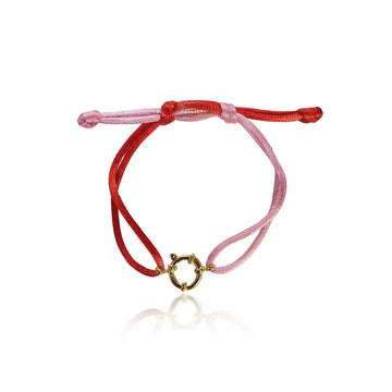 bracciale in filo satinato colore rosa e rosso con ciondolo fermaglio marinaio in acciaio inox colore oro. Regalo per donna  e uomo per ogni occasione.