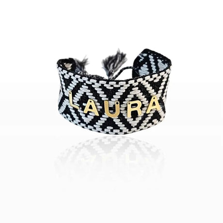 Bracciale in Filo Largo Nero/Bianco Personalizzato con Nome | Acciaio Oro gioiello personalizzato - Yennyslau Store