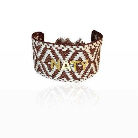 Bracciale largo color marrone con nome personalizzato in acciaio dorato, idea regalo elegante e unisex