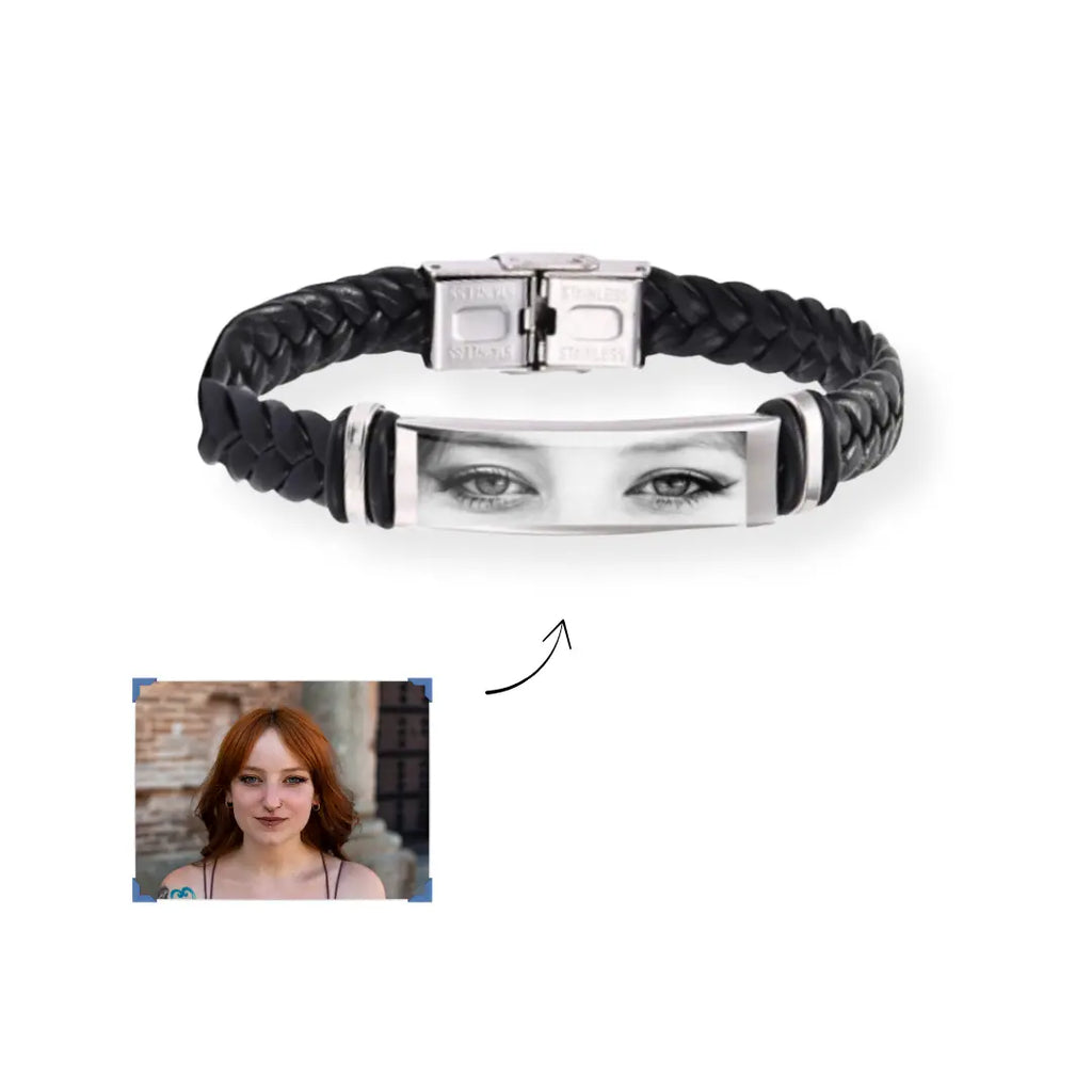 Bracciale uomo  in poli pelle e acciaio inox colore argetn personalizzato con foto dello sguardo. Regalo personalizzato per ogni occazione. Compleanno, anniversario, Festa del Papà, San Valentino , Natale. Regalo romantico.