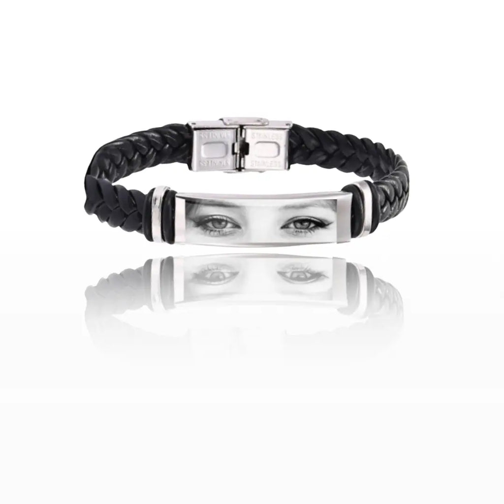 Bracciale uomo  in poli pelle e acciaio inox colore argetn personalizzato con foto dello sguardo. Regalo personalizzato per ogni occazione. Compleanno, anniversario, Festa del Papà, San Valentino , Natale.
