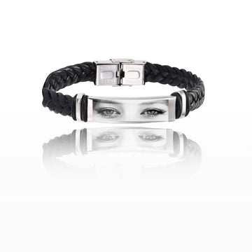 Bracciale uomo  in poli pelle e acciaio inox colore argetn personalizzato con foto dello sguardo. Regalo personalizzato per ogni occazione. Compleanno, anniversario, Festa del Papà, San Valentino , Natale.