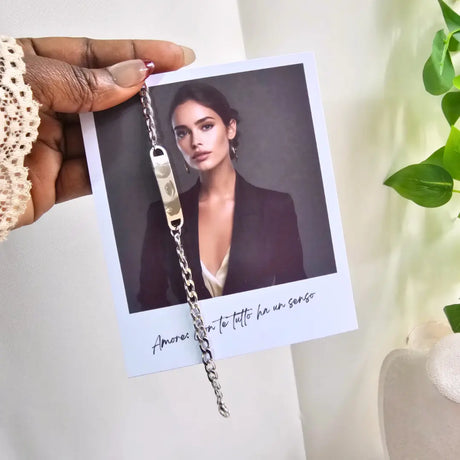 Bracciale stile cubano personalizzato con la foto dello sguardo e testo per il retro, regalo romantico ed originale. Regalo per San Valentino, anniversaio, matrimonio.