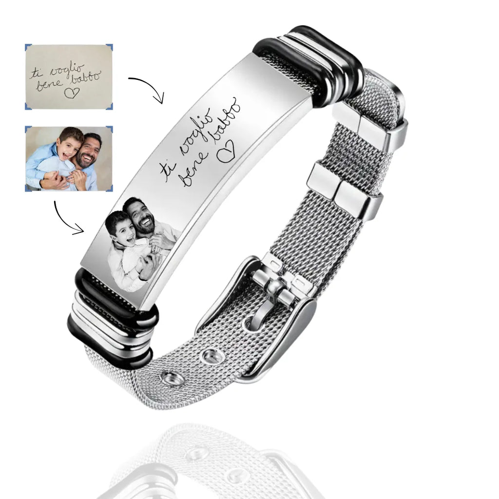 bracciale in acciaio inox argento per uomo personalizzato con foto e dedica manoscritta. Regalo personalizzato per ogni occasione. Anniversario, San Valentino, Festa del Papà, Natale.  Regalo emozionante.