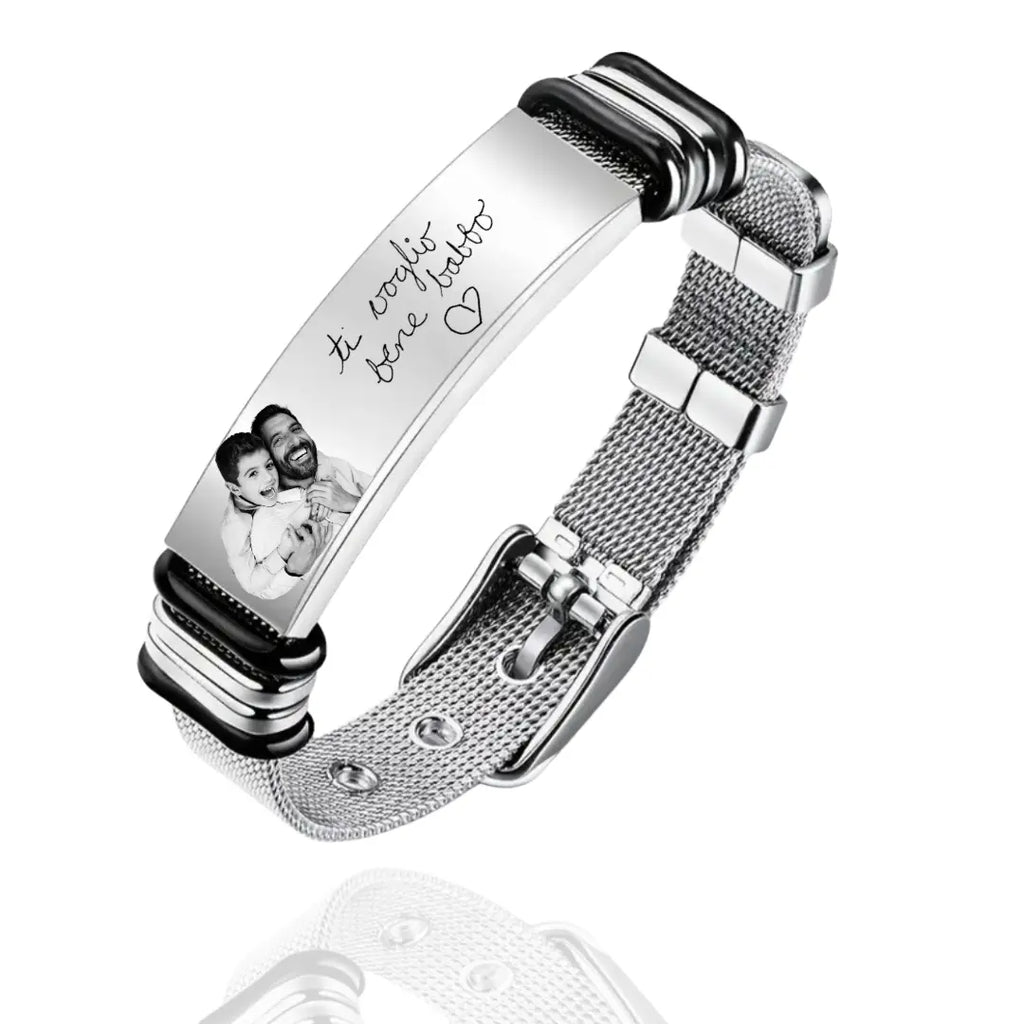 bracciale in acciaio inox argento per uomo personalizzato con foto e dedica manoscritta. Regalo personalizzato per ogni occasione. Anniversario, San Valentino, Festa del Papà, Natale. 