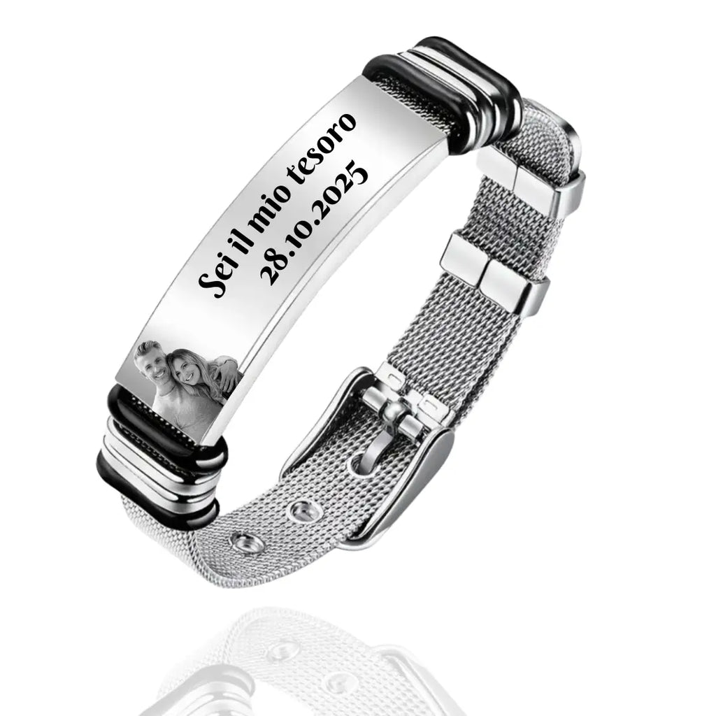 bracciale in acciaio inox argento per uomo personalizzato con foto e dedica. Regalo personalizzato per ogni occasione. Anniversario, San Valentino, Festa del Papà, Natale. 