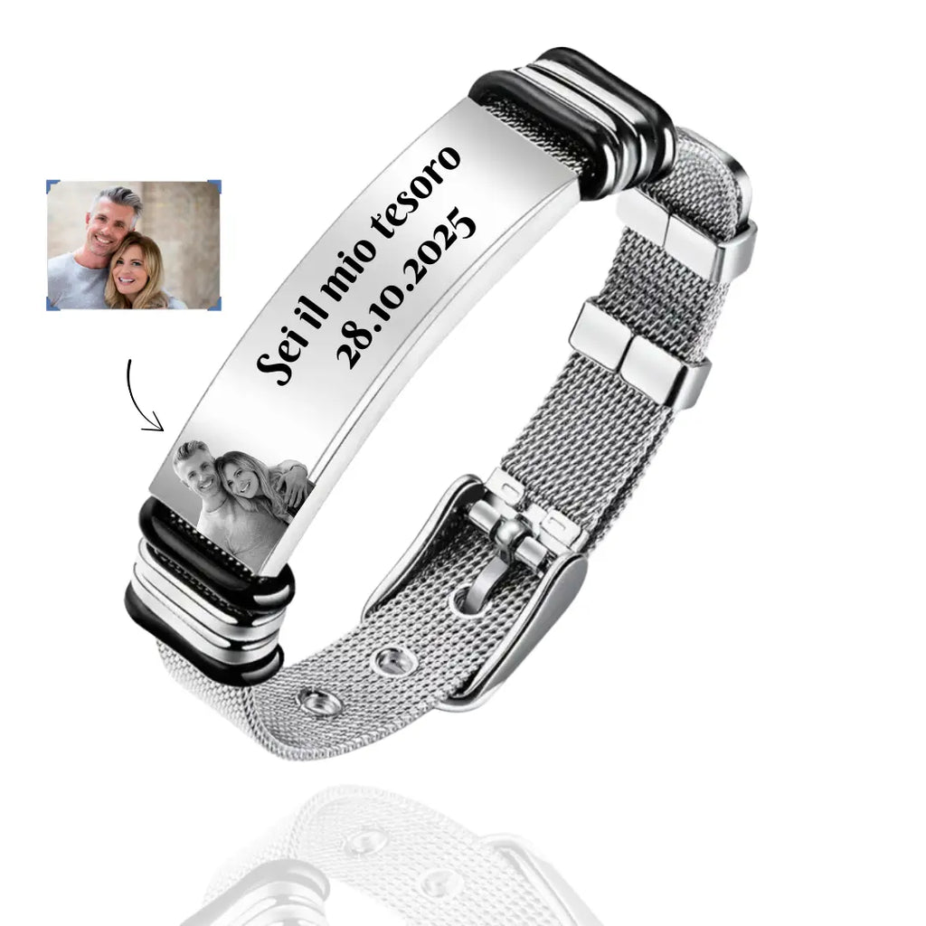 bracciale in acciaio inox argento per uomo personalizzato con foto e dedica. Regalo personalizzato per ogni occasione. Anniversario, San Valentino, Festa del Papà, Natale.  Chiusura regolabile.