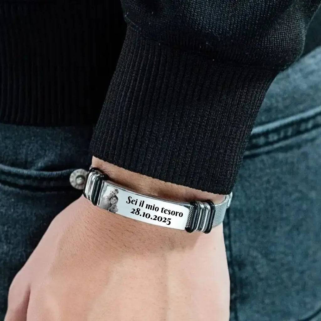 bracciale in acciaio inox argento per uomo personalizzato con foto e dedica. Regalo personalizzato per ogni occasione. Anniversario, San Valentino, Festa del Papà, Natale.  Regalo elegante