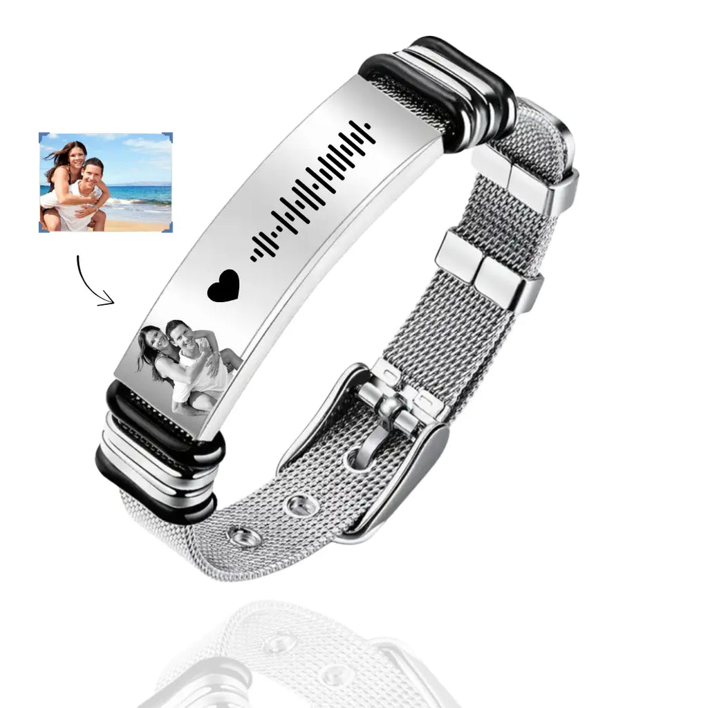 bracciale uomo in acciaio inox personalizzato con foto e codice canzone Spotify. Regalo personalizzato per ogni occasione. Regalo per compleanno, anniversario, San Valentino, Natale. Chiusura regolabile.