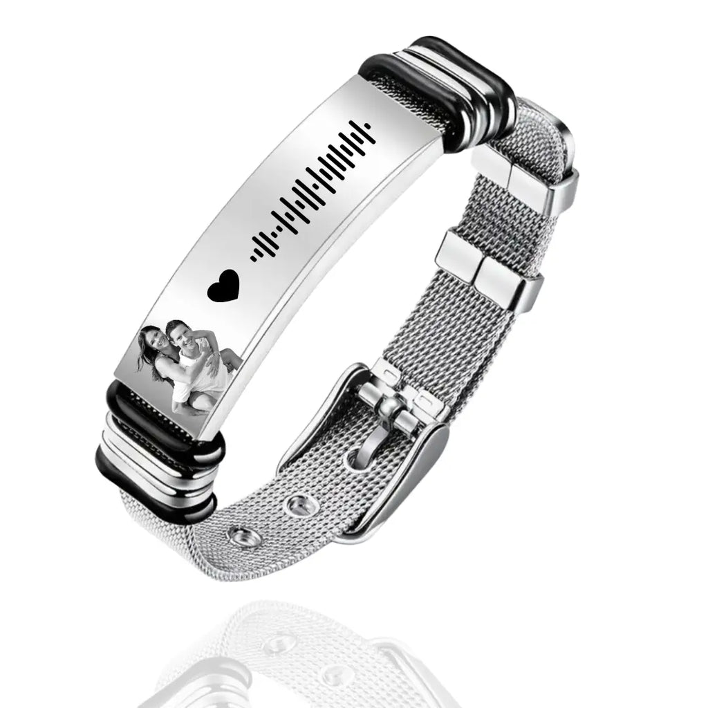bracciale uomo in acciaio inox personalizzato con foto e codice canzone Spotify. Regalo personalizzato per ogni occasione. Regalo per compleanno, anniversario, San Valentino, Natale.