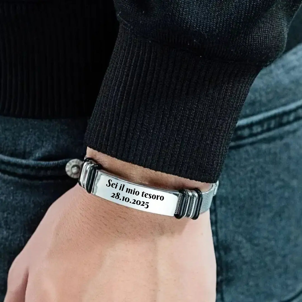 Bracciale uomo in acciaio inox personalizzato con nome, dedica o data, frase. Regalo personalizzato per ogni occasione. Regalo per anniversario, compleanno, San Valentino, Natale. Regalo elegante