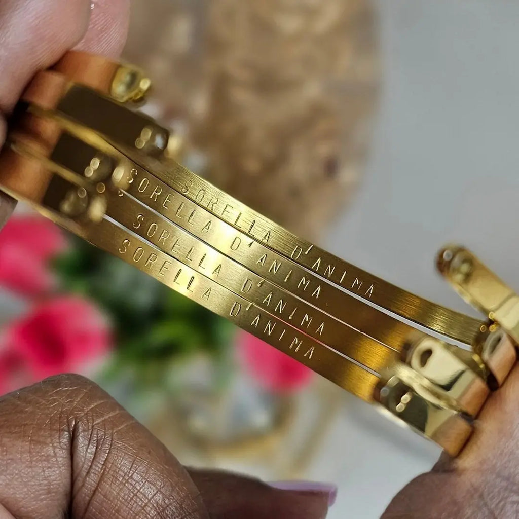 bracciale in acciaio inox colore oro personalizzato con nome, data o dedica, entrambi lati, idea regalo elegante per donne, gruppo di amiche, dama donore