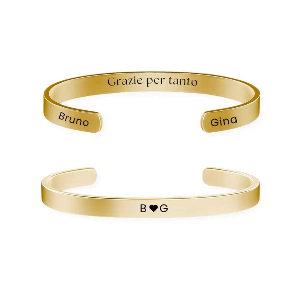 bracciale in acciaio inox color oro personalizzato con nome, frase, data su entrambi i lati. Regalo personalizzato donna e uomo per ogni occasione.