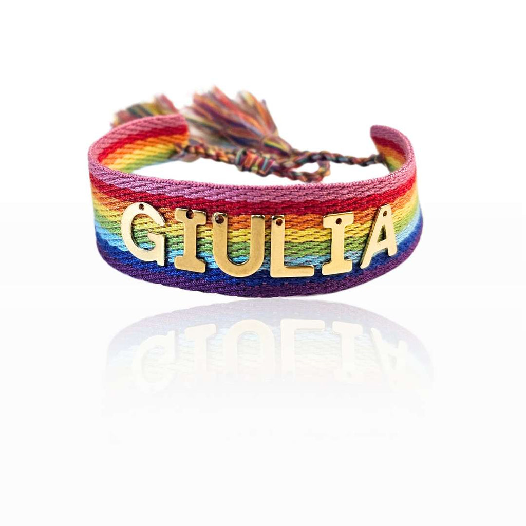 Bracciale arcobaleno, multucolor, lgtb, in filo con borla personalizzato con nome colore oro, Yennyslau Store, idea regalo per lei e per lui