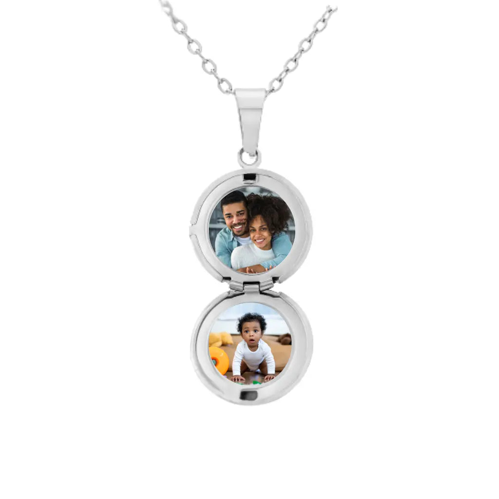 collana in acciaio inox color argento personalizzata con due foto. Regalo elegante per donna per qualsiasi occasione. Festa della Mamma, Natale.