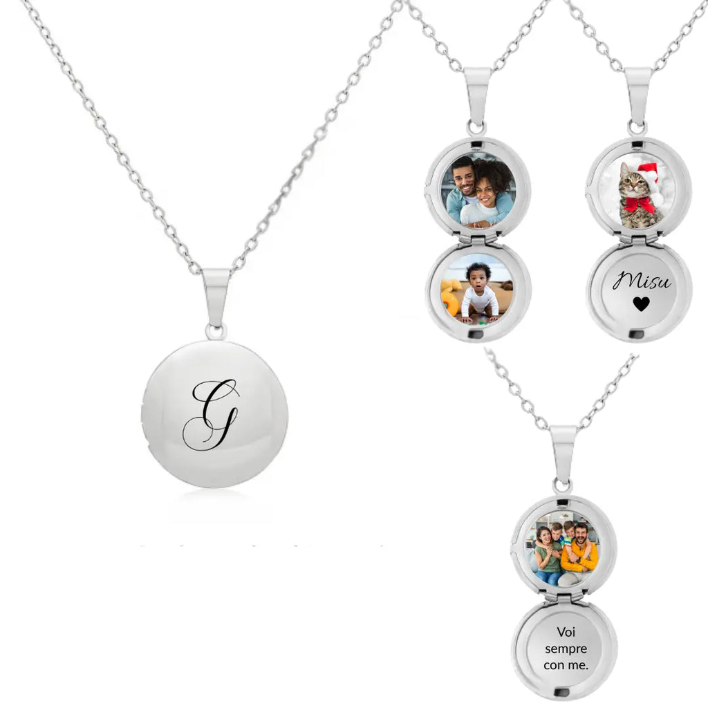 collana in acciaio inox color argento personalizzata con due foto. Regalo elegante per donna per qualsiasi occasione. Regalo personalizzato per donna, Festa della Mamma, Anniversario, Compleanno, San Valentino, Natale. Diversi tipi di personalizzazione.