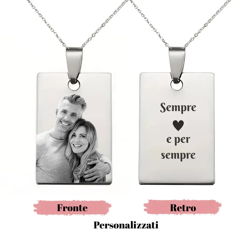 collana semplice in acciaio inox colore argento personalizzata con foto e dedica manoscritta. Regalo personalizzato per qualsiasi occasione, per ricordare a chi non c'è più, anniversario, compleanno, Festa della Mamma, Festa del Papà, San Valentino, Natale. Inciso su entrambi i lati.