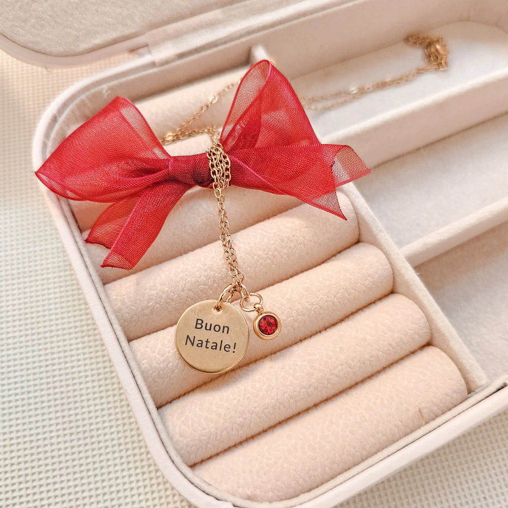 Set regalo Natale portagioie rosa personalizzato con nome e dedica e collana in accaio inox color oro con inizizle e dedcia. Regalo con testo o dedica