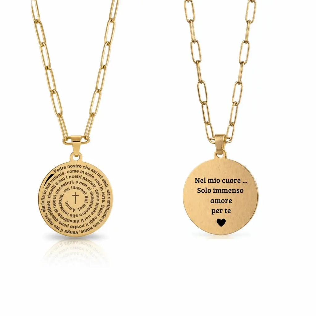collana in acciaio inox color oro con preghiera Padre Nostro personalizzata con foto, dedica, foto incisa o dedica manoscritta. Regalo personalizzato unisex, elegante e per ogni occasione. Festa della Mamma, Festa del Papà, compleanno, anniversario, San Valentino, Natale. Regalo con proposito.