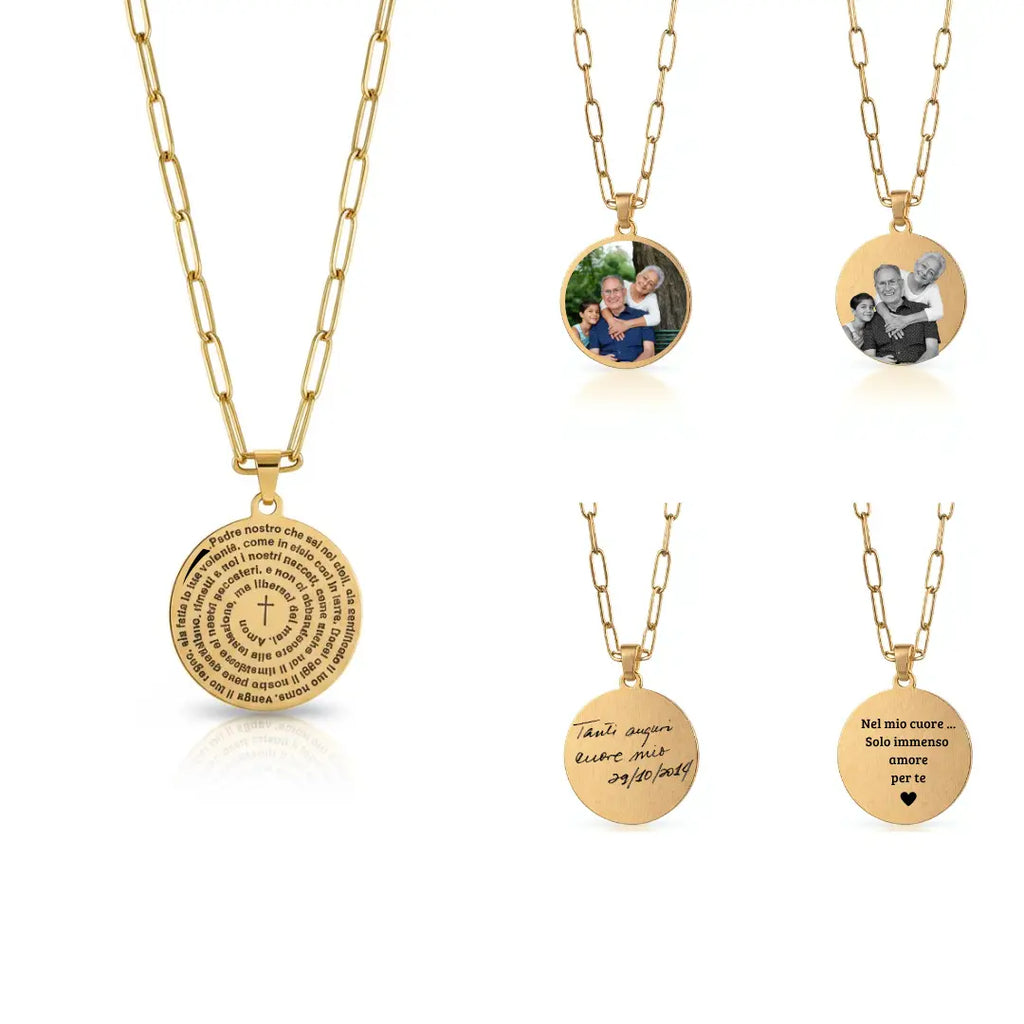 collana in acciaio inox color oro con preghiera Padre Nostro personalizzata con foto, dedica, foto incisa o dedica manoscritta. Regalo personalizzato unisex, elegante e per ogni occasione. Festa della Mamma, Festa del Papà, compleanno, anniversario, San Valentino, Natale.