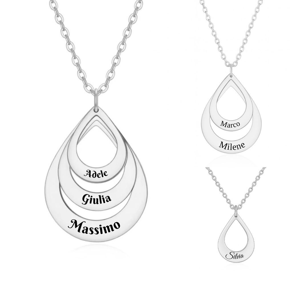 collana in acciaio inox color argento stile goccia personalizzata con nome. Regalo personalizzato per donna per ogni occasione. Compleanno, Festa della Mamma, Anniversario, Natale.