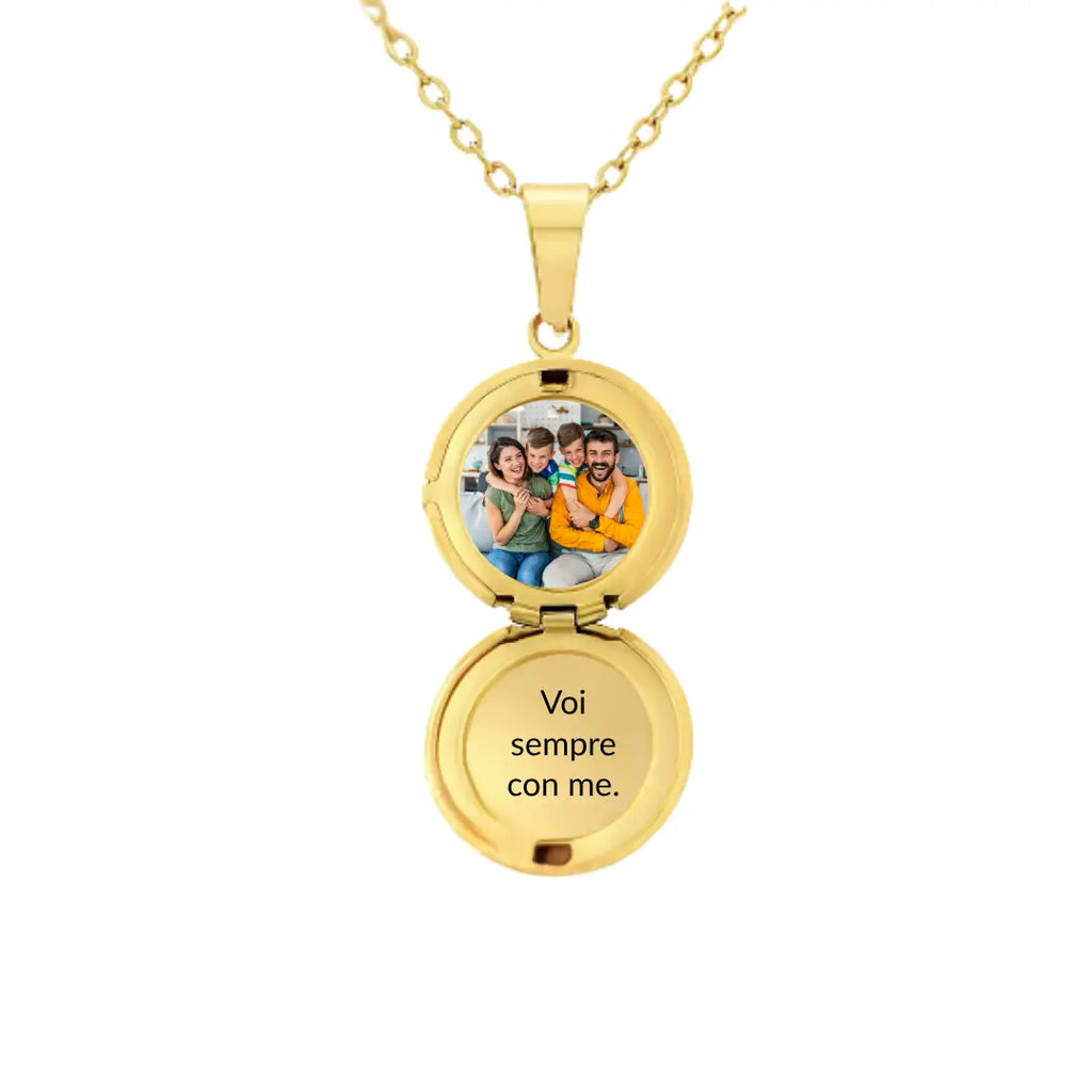 collana in acciaio inox color oro personalizzata con foto, testo. Regalo elegante per donna per ogni occasione. Festa della Mamma, Anniversario, Natale. Ciondolo Mini