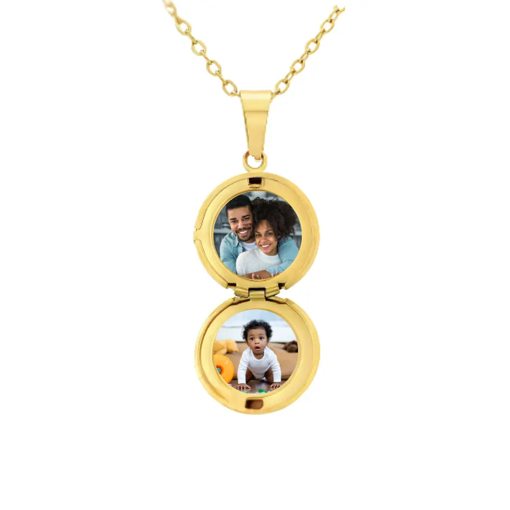 collana in acciaio inox color oro personalizzata con due  foto. Regalo elegante per donna per ogni occasione. Festa della Mamma, Anniversario, Natale. Ciondolo Mini