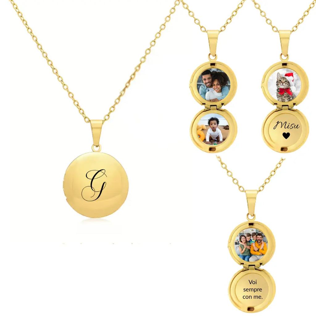 collana in acciaio inox color oro personalizzata con foto, testo. REgalo elegante per donna per ogni occasione. Festa della Mamma, Anniversario, Natale. Ciondolo Mini, personalizzato