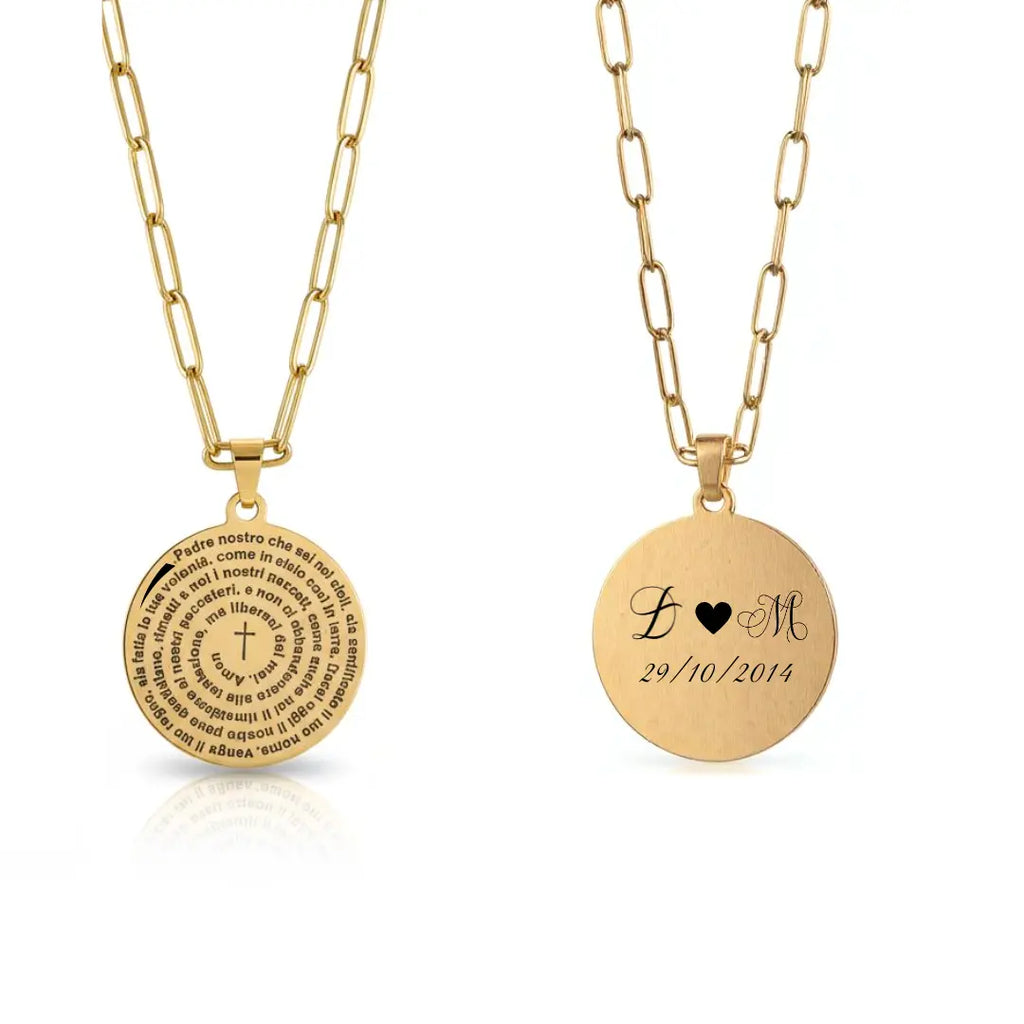 collana in acciaio inox color oro con preghiera Padre Nostro personalizzata con foto, dedica, foto incisa o dedica manoscritta. Regalo personalizzato unisex, elegante e per ogni occasione. Festa della Mamma, Festa del Papà, compleanno, anniversario, San Valentino, Natale. Regalo romantico.