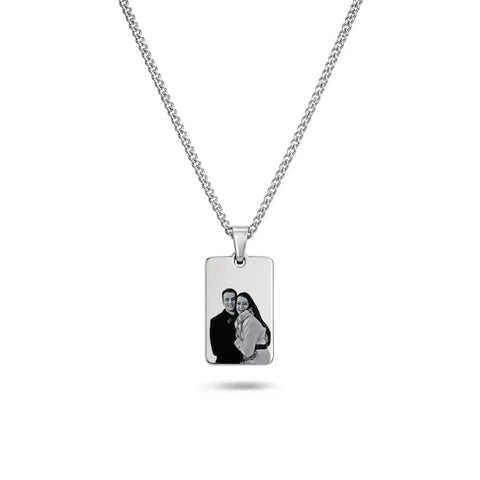 Collana Rettangolare Acciaio Argento - Incisione Foto e Dedica gioiello personalizzato - Yennyslau Store